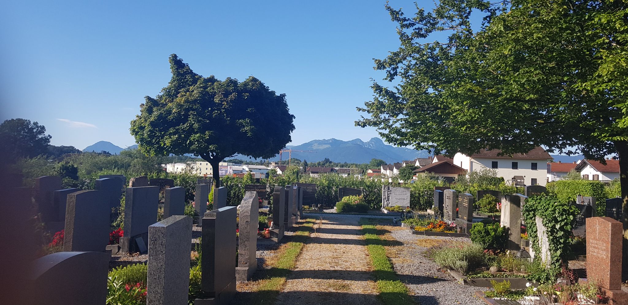 Friedhofsansicht mit Grabmalen und weiter Landschaft